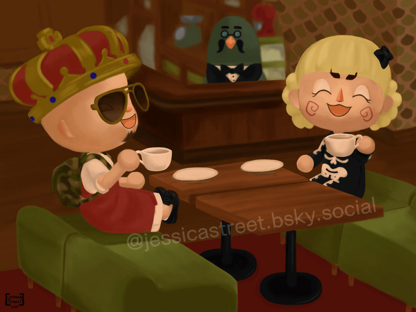 Two friends sit together at The Roost in ACNH. Brewster is in the background behind the counter. There are wooden tables and green chairs. The table has dishes on it. Both characters are holding coffee cups / mugs.